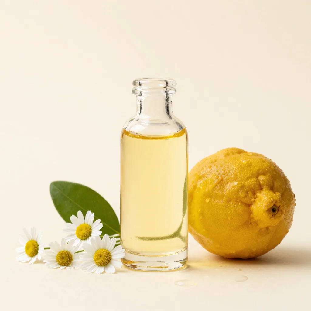 A glass bottle of chamomile and bergamot essential oil blend