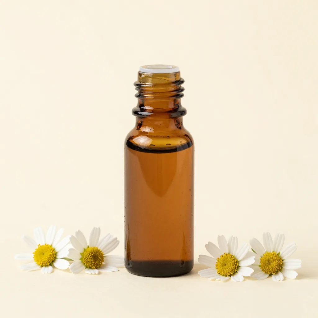 A small glass roll-on bottle of chamomile oil