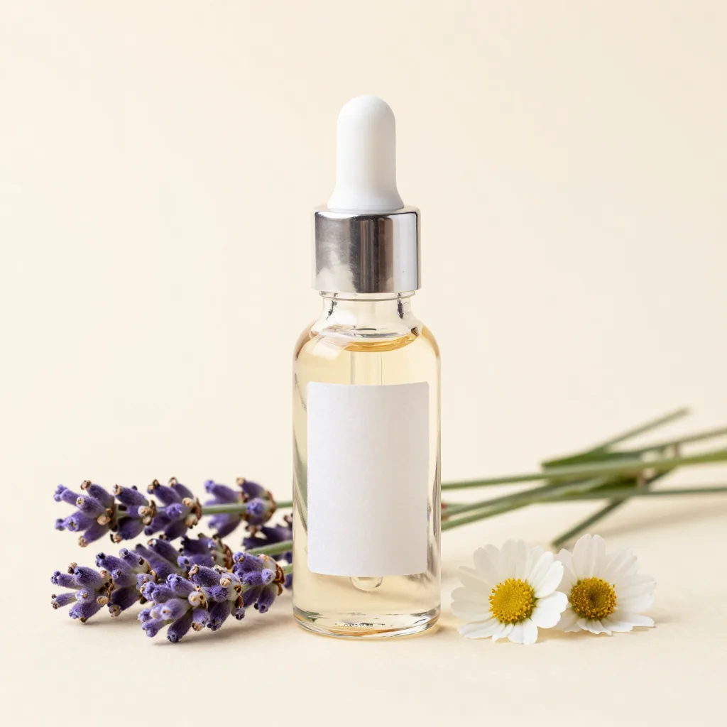 A glass bottle of lavender and chamomile essential oil blend