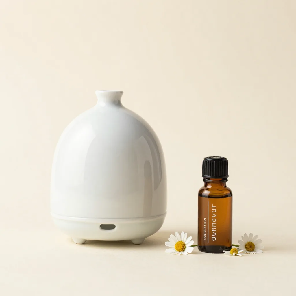 A ceramic diffuser beside a bottle of chamomile essential oil