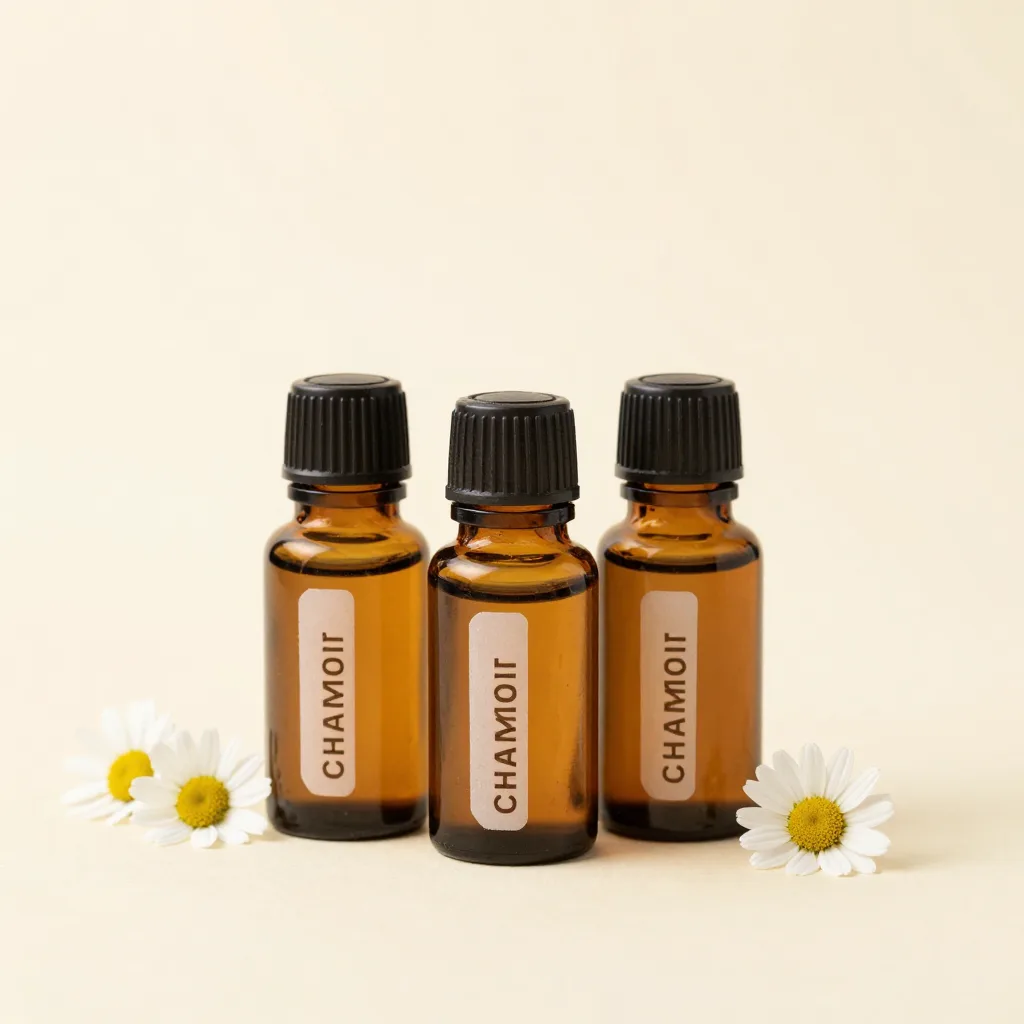 Three small bottles of chamomile essential oil products together