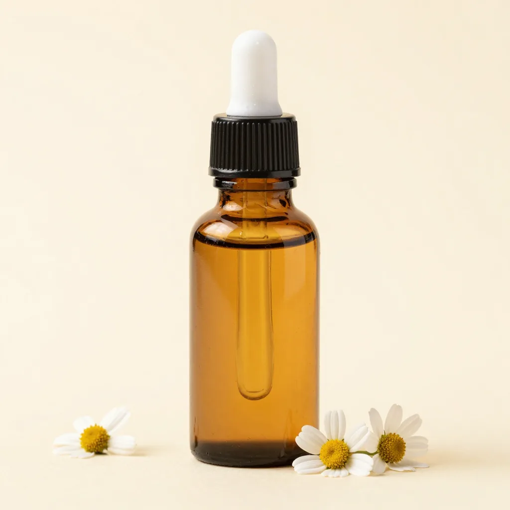 A larger 30ml glass bottle of golden chamomile essential oil