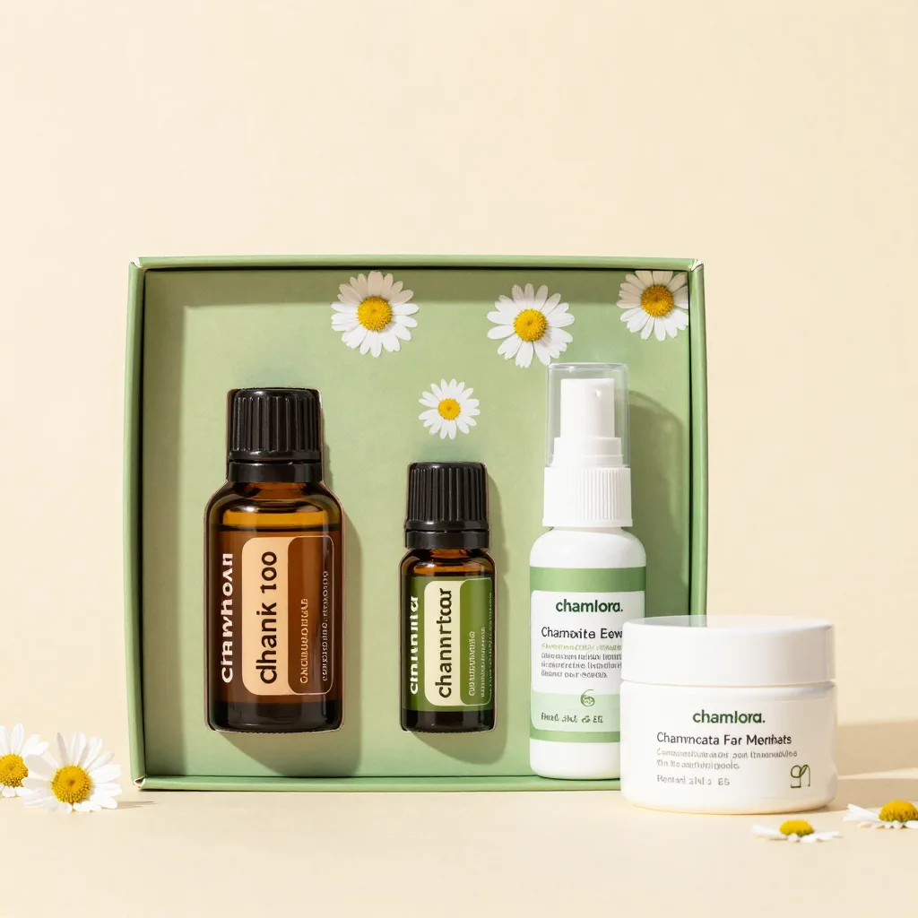A chamomile essential oil gift box with three products